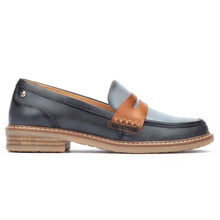 Load image into Gallery viewer, Marfil Dark Blue With Tan Pikolinos Women&#39;s Aldaya W8J Leather Penny Loafer Side View
