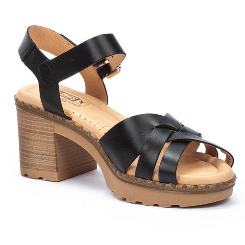 Black With Beige Sole Pikolinos Women's Canarias W8W Leather Block Mid Heel Sandal Profile View