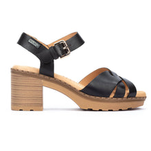 Load image into Gallery viewer, Black With Beige Sole Pikolinos Women&#39;s Canarias W8W Leather Block Mid Heel Sandal Side View
