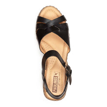 Load image into Gallery viewer, Black With Beige Sole Pikolinos Women&#39;s Canarias W8W Leather Block Mid Heel Sandal Top View
