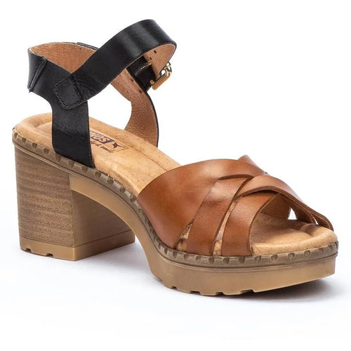 Brand Brown And Black Pikolinos Women's Canarias W8W Leather Block Mid Heel Sandal Profile View