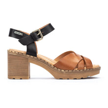 Load image into Gallery viewer, Brand Brown And Black Pikolinos Women&#39;s Canarias W8W Leather Block Mid Heel Sandal Side View
