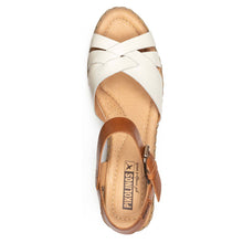 Load image into Gallery viewer, Nata Tan And White Pikolinos Women&#39;s Canarias W8W Leather Block Mid Heel Sandal Top VIew
