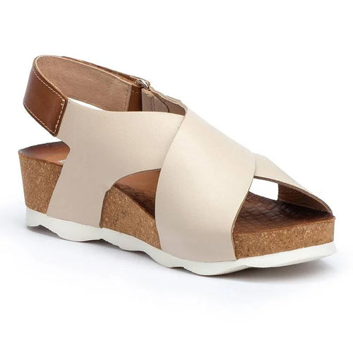 Marfil Beige And Tan With White Sole Pikolinos Women's Mahon W9E Leather Triple Strap Slingback Sandal Profile View