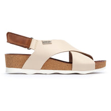 Load image into Gallery viewer, Marfil Beige And Tan With White Sole Pikolinos Women&#39;s Mahon W9E Leather Triple Strap Slingback Sandal Side View
