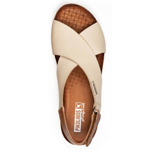 Load image into Gallery viewer, Marfil Beige And Tan With White Sole Pikolinos Women&#39;s Mahon W9E Leather Triple Strap Slingback Sandal Top View
