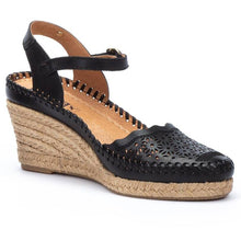 Load image into Gallery viewer, Black Pikolinos Women&#39;s Vila W9Y Leather With Floral Cut Outs Closed Toe Espadrille Wedge Profile View
