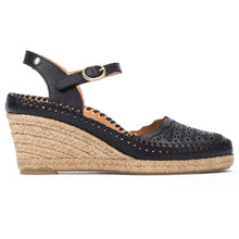 Load image into Gallery viewer, Black Pikolinos Women&#39;s Vila W9Y Leather With Floral Cut Outs Closed Toe Espadrille Wedge Side View
