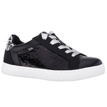 Load image into Gallery viewer, Black With White And Leopard Print Back Nina Doll Waleska Synthetic Leather And Sequins Casual Sneaker Sizes 10 to 13 and 1 to 6 Profile View
