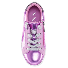 Load image into Gallery viewer, Light Purple With White And Leopard Print Back Nina Doll Waleska Synthetic Leather And Sequins Casual Sneaker Sizes 10 to 13 and 1 to 6 Top View
