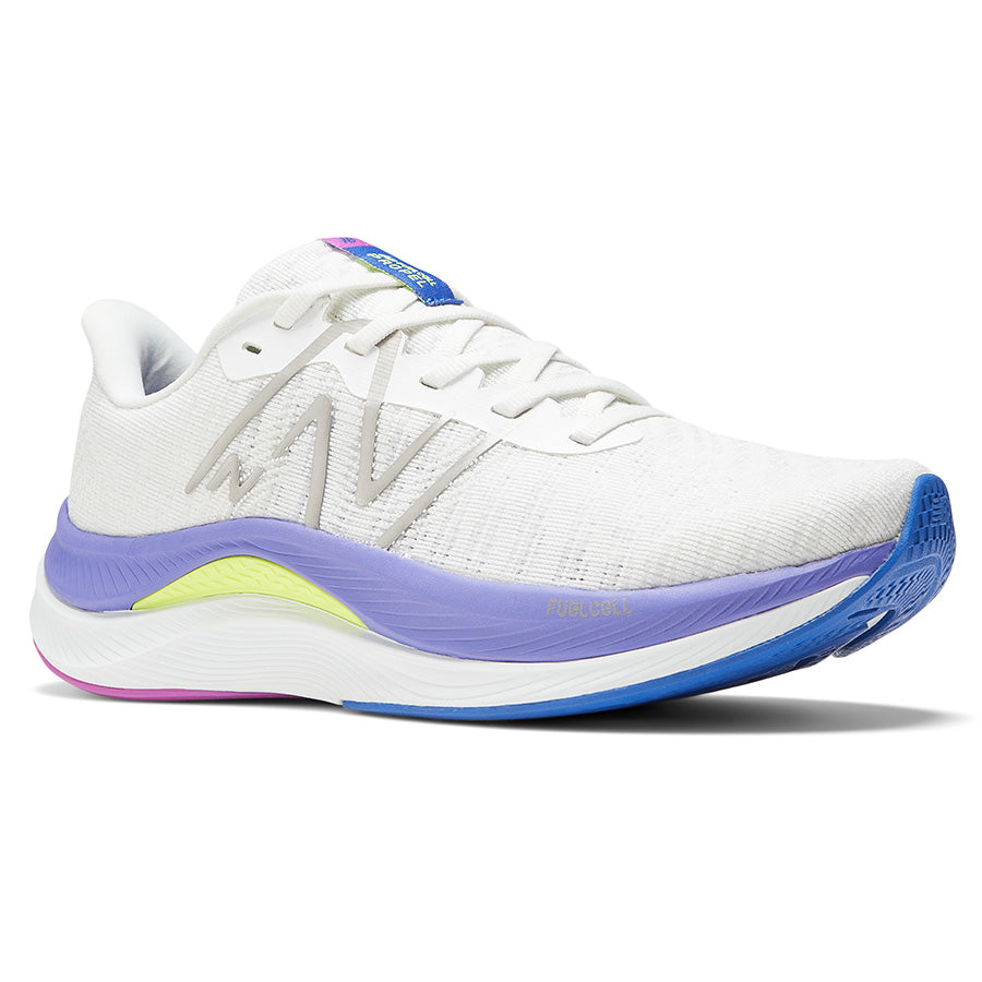 White With Purple And Blue And Yellow New Balance Women's Fuelcell Propel V4 Synthetic And Mesh Running Sneaker