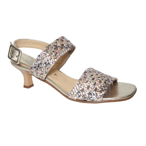 Platinum Silver And Bronze And Grey With Tan Sole Brunate Women's Kayde Braided Metallic Leather Dress Triple Strap Sandal