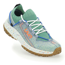 Load image into Gallery viewer, Green With White And Orange With Light Brown Sole UYN Women&#39;s WM Urban Trail Circular Shoe Textile Athletic Sneaker Profile View
