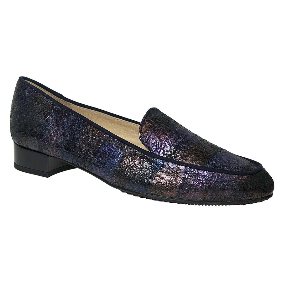 Blue And Black And Gold And Purple Brunate Women's Aria Printed Crinkle Leather With Suede Dress Loafer