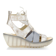 Load image into Gallery viewer, Pearl Light Gold And Grey With White Sole Fly London Yaca413Fly Metallic Leather And Elastic Strappy Lace Up Sandal Wedge Side View
