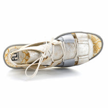 Load image into Gallery viewer, Pearl Light Gold And Grey With White Sole Fly London Yaca413Fly Metallic Leather And Elastic Strappy Lace Up Sandal Wedge Top View
