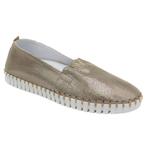 Metallic Gold With White Sole Eric Michael Women's Yvette Leather Snake Print Casual Slip On Loafer