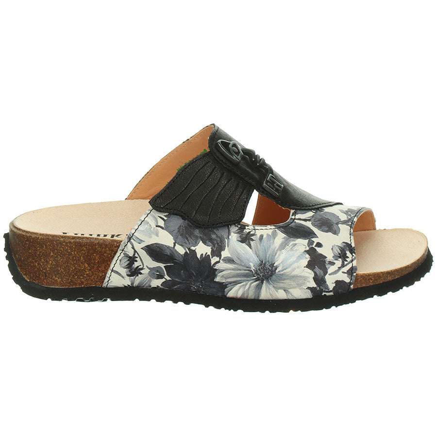 Black And White Think Women's Mizzi Face Floral Print Leather And Leather Mule Slide Sandal