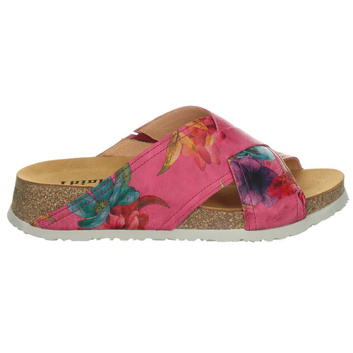 Fuxia Pink With White Sole Think Women's Koak Printed Leather Cross Strap Slide Sandal