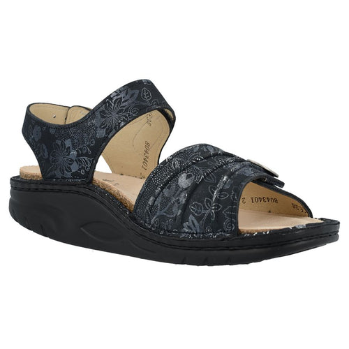 Black With Grey Floral Print Finn Comfort Women's Sausalito Leather Triple Strap Sandal