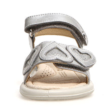 Load image into Gallery viewer, Silver With Beige Sole Naturino Girl&#39;s Meible Metallic Leather Quarter Strap Sandal Flat With Leather Hearts Sizes 25 to 26 Front View
