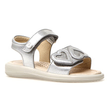 Load image into Gallery viewer, Silver With Beige Sole Naturino Girl&#39;s Meible Metallic Leather Quarter Strap Sandal Flat With Leather Hearts Sizes 27 to 31 Profile View

