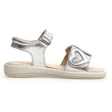 Load image into Gallery viewer, Silver With Beige Sole Naturino Girl&#39;s Meible Metallic Leather Quarter Strap Sandal Flat With Leather Hearts Sizes 27 to 31 Side View
