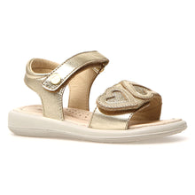 Load image into Gallery viewer, Platinum Gold With Beige Sole Naturino Girl&#39;s Meible Metallic Leather Quarter Strap Sandal Flat With Leather Hearts Sizes 27 to 31 Profile View

