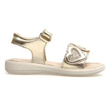 Load image into Gallery viewer, Platinum Gold With Beige Sole Naturino Girl&#39;s Meible Metallic Leather Quarter Strap Sandal Flat With Leather Hearts Sizes 27 to 31 Side View
