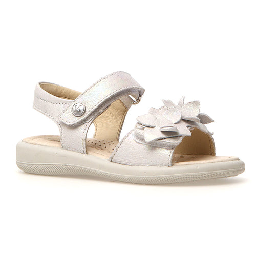 White Naturino Girl's Laurettin Iridescent Leather Quarter Strap Sandal Flat With Flower Ornament Girl Sizes 25 to 26 Profile View
