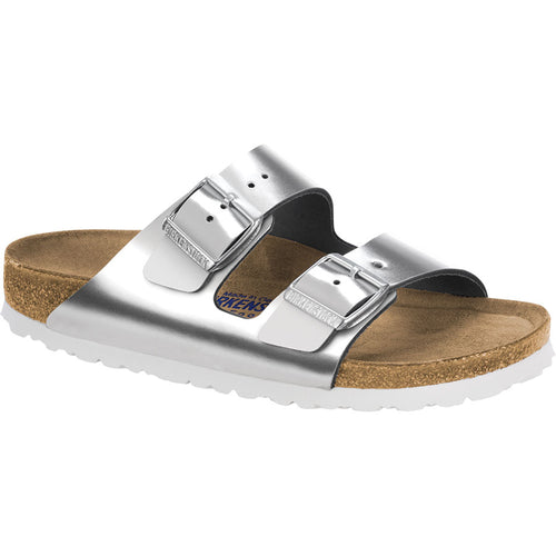 Silver With White Sole Birkenstock Women's Arizona SFB Metallic Leather Double Buckle Strap Slide Sandal