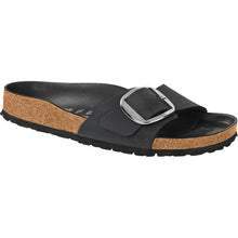 Load image into Gallery viewer, Black Birkenstock Women&#39;s Madrid Big Buckle Oiled Nubuck Single Strap Slide Sandal Narrow Width Profile View
