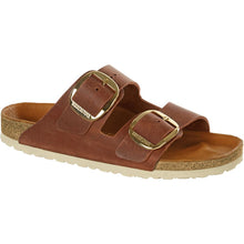 Load image into Gallery viewer, Cognac Brown Birkenstock Women&#39;s Arizona Big Buckle Nubuck Double Strap Sandal Narrow Width Profile View
