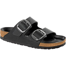 Load image into Gallery viewer, Black Birkenstock Women&#39;s Arizona Big Buckle Oiled Nubuck Double Strap Slide Sandal Profile View
