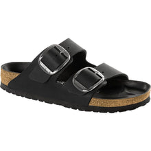 Load image into Gallery viewer, Black Birkenstock Women&#39;s Arizona Big Buckle Leather Double Strap Sandal Narrow Width Profile View
