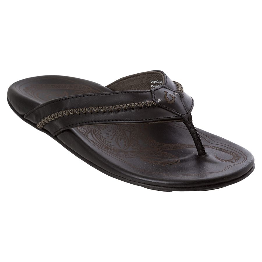 Black Olukai Men's Mea Ola Leather Sports Sandal Thong