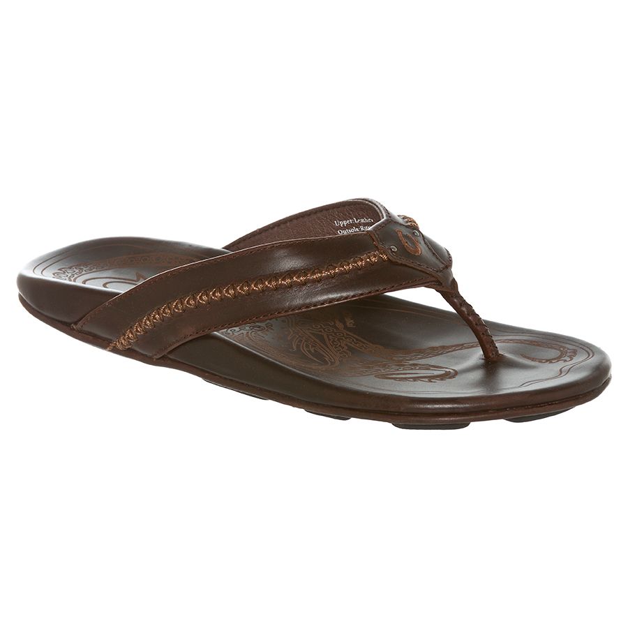 Dark Java Brown Olukai Men's Mea Ola Leather Sports Sandal Thong