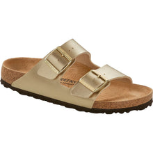 Load image into Gallery viewer, Gold With Black Sole Birkenstock Women&#39;s Arizona Gold Birko Floor Double Buckle Strap Slide Sandal Profile View
