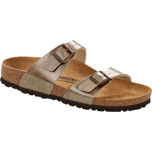 Load image into Gallery viewer, Metallic Taupe With Black Sole Birkenstock Women&#39;s Sydney BirkoFlor Double Strap Sandal Profile View
