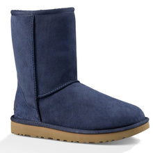 Load image into Gallery viewer, Navy With Brown Sole UGG Women&#39;s Classic Short II Water Repellent Suede Slip On Bootie Profile View
