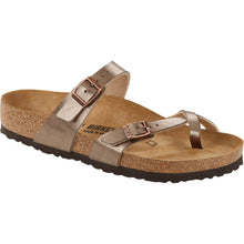 Load image into Gallery viewer, Graceful Taupe With Black Sole Birkenstock Women&#39;s Mayari BirkoFlor Metallic Synthetic Toe Loop Sandal Profile View
