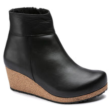 Load image into Gallery viewer, Black Birkenstock Women&#39;s Ebba Leather Ankle Wedge Bootie Side Zip Profile View
