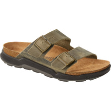 Load image into Gallery viewer, Faded Khaki Brownish Grey With Black Birkenstock Men&#39;s Arizona Rugged Oiled Nubuck Double Strap Slide Sandal Profile View
