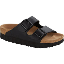 Load image into Gallery viewer, Black Birkenstock Women&#39;s Arizona Platform Vegan Birko Flor Double Strap Sandal Narrow Width Profile View
