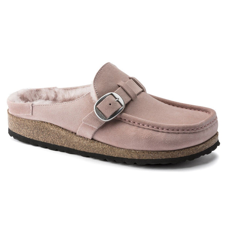 Pink With Black Sole Birkenstock Women's Buckley Shearling Lined Suede Moccasin Clog Narrow Width
