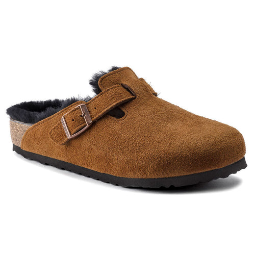 Mink Tan With Black Sole Birkenstock Women's Boston SF Suede Clog With Black Shearling Lining
