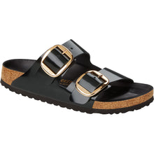 Load image into Gallery viewer, Black Birkenstock Women&#39;s Arizona Big Buckle Shiny Leather Double Strap Sandal Narrow Width Profile View
