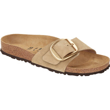 Load image into Gallery viewer, Sandcastle Light Brown With Black Sole Birkenstock Women&#39;s Madrid Big Buckle Nubuck Single Strap Slide Sandal Narrow Width Profile View
