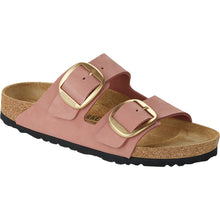 Load image into Gallery viewer, Rose Pink With Brown Sole Birkenstock Women&#39;s Arizona Big Buckle Nubuck Double Strap Sandal Narrow Width Profile View
