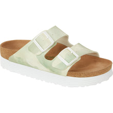 Load image into Gallery viewer, Watercolor Green And Beige With White Sole Birkenstock Women&#39;s Arizona Vegan Platform Synthetic Double Strap Sandal Narrow Width Profile View
